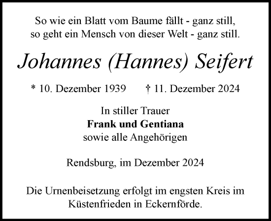 Traueranzeige von Johannes Seifert von Schleswig-Holsteinische Landeszeitung