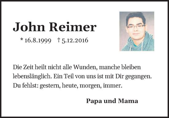 Traueranzeige von John Reimer von Flensburger Tageblatt