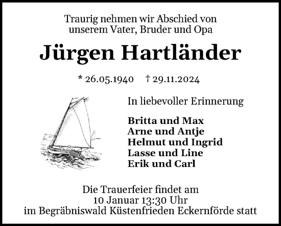 Traueranzeige von Jürgen Hartländer von Eckernförder Zeitung, Hallo Eckernförde