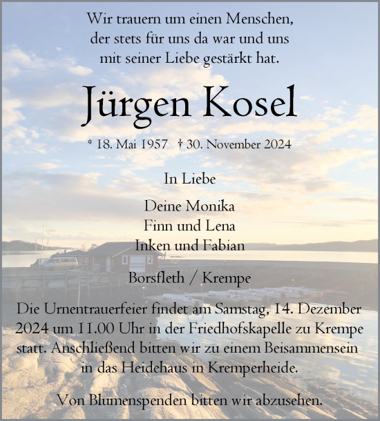 Traueranzeige von Jürgen Kosel von Norddeutsche Rundschau, Wilstersche Zeitung, Glückstädter Fortuna