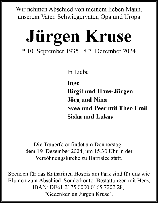 Traueranzeige von Jürgen Kruse von Flensburger Tageblatt