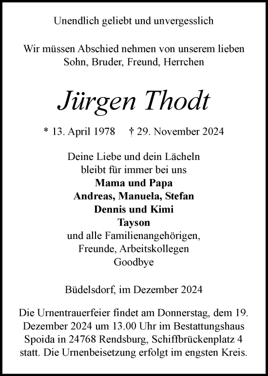 Traueranzeige von Jürgen Thodt von Schleswig-Holsteinische Landeszeitung