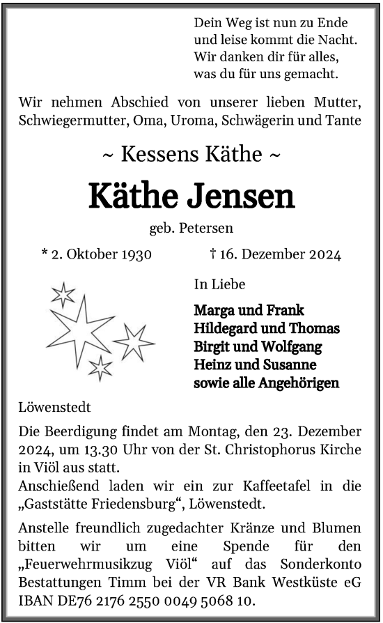 Traueranzeige von Käthe Jensen von Husumer Nachrichten, Nordfriesland Tageblatt