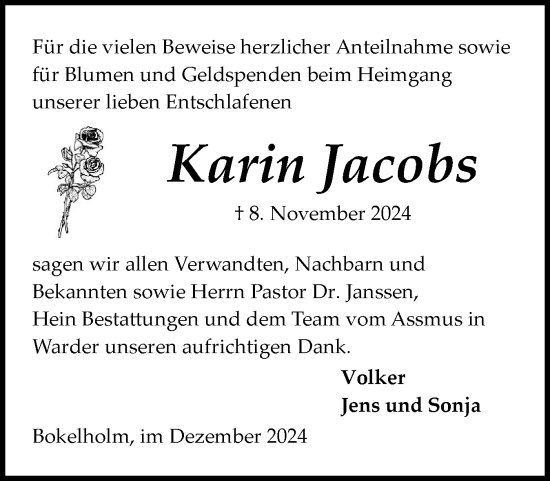 Traueranzeige von Karin Jacobs von Schleswig-Holsteinische Landeszeitung
