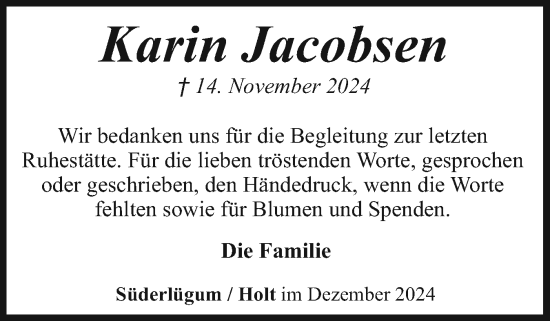 Traueranzeige von Karin Jacobsen von Region Flensburg
