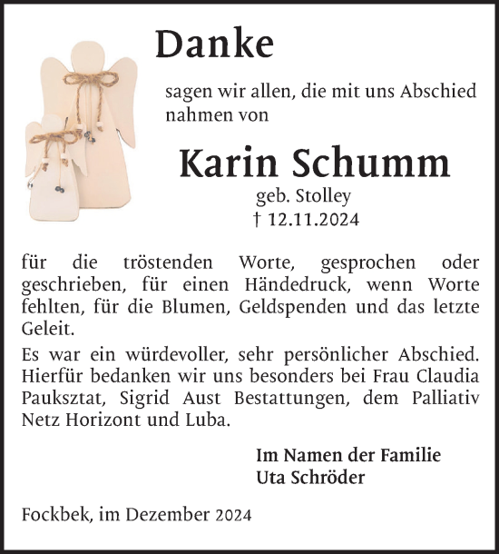 Traueranzeige von Karin Schumm von Schleswig-Holsteinische Landeszeitung