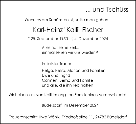 Traueranzeige von Karl-Heinz Fischer von Schleswig-Holsteinische Landeszeitung
