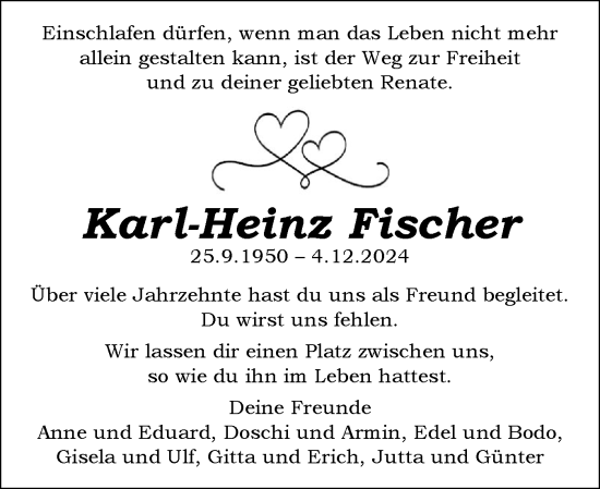Traueranzeige von Karl-Heinz Fischer von Schleswig-Holsteinische Landeszeitung