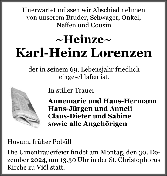 Traueranzeige von Karl-Heinz Lorenzen von Region Flensburg