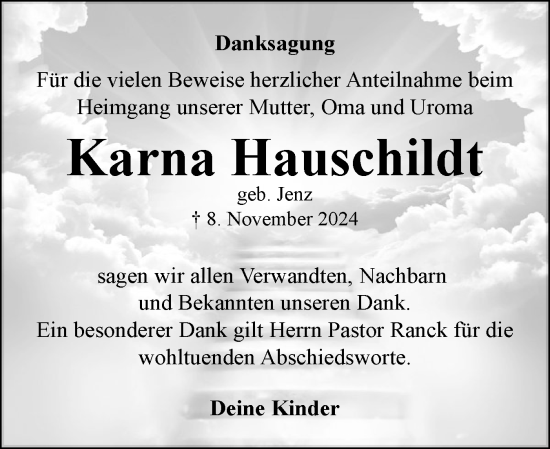 Traueranzeige von Karna Hauschildt von Eckernförder Zeitung, Hallo Eckernförde