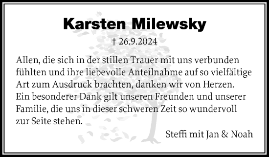 Traueranzeige von Karsten Milewsky von Flensburger Tageblatt, Schleswiger Nachrichten, Schlei-Bote