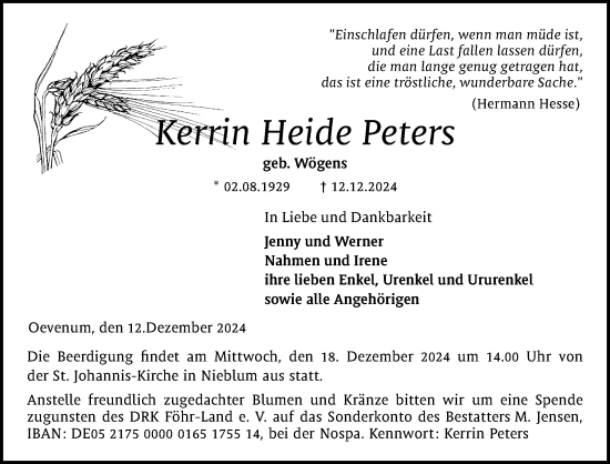 Traueranzeige von Kerrin Heide Peters von Der Insel-Bote