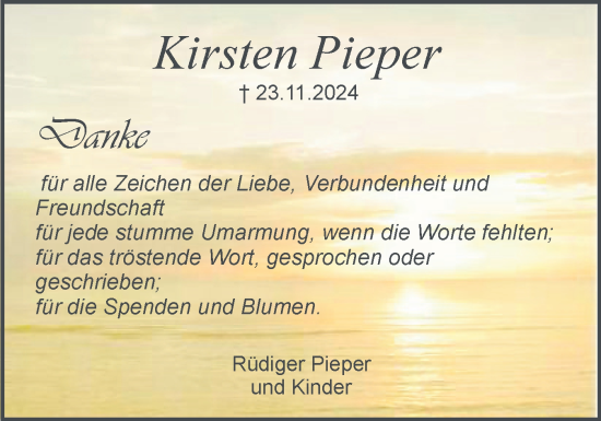 Traueranzeige von Kirsten Pieper von Holsteinischer Courier