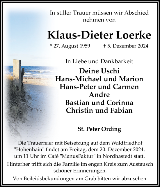 Traueranzeige von Klaus-Dieter Loerke von Husumer Nachrichten, Nordfriesland Tageblatt