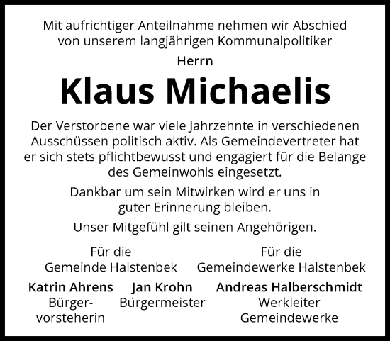 Traueranzeige von Klaus Karl-Ulrich Michaelis von Region Pinneberg und tip Pinneberg
