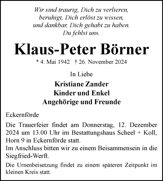 Traueranzeige von Klaus-Peter Börner von Eckernförder Zeitung