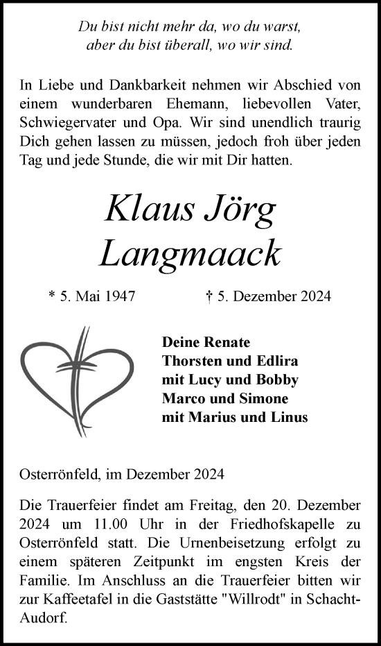 Traueranzeige von Klaus Jörg Langmaack von Schleswig-Holsteinische Landeszeitung