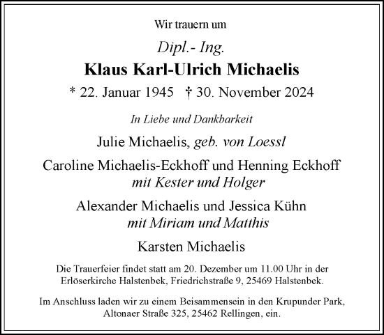 Traueranzeige von Klaus Karl-Ulrich Michaelis von Region Pinneberg und tip Pinneberg