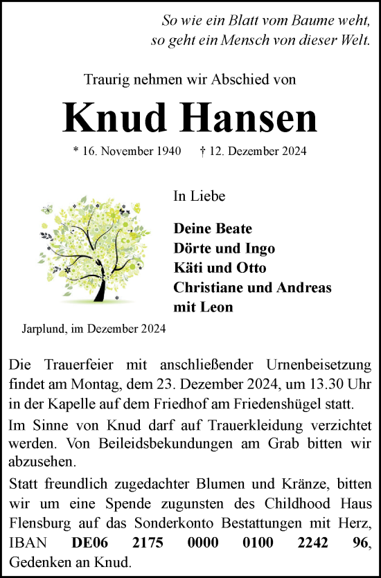 Traueranzeige von Knud Hansen von Flensburger Tageblatt