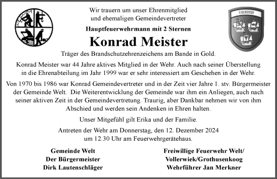 Traueranzeige von Konrad Meister von Husumer Nachrichten, Nordfriesland Tageblatt