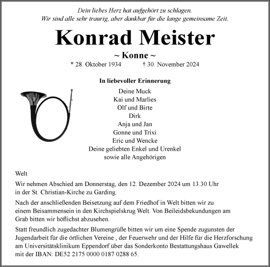 Traueranzeige von Konrad Meister von Husumer Nachrichten, Nordfriesland Tageblatt
