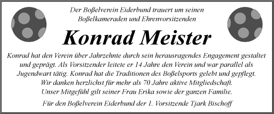 Traueranzeige von Konrad Meister von Husumer Nachrichten, Nordfriesland Tageblatt