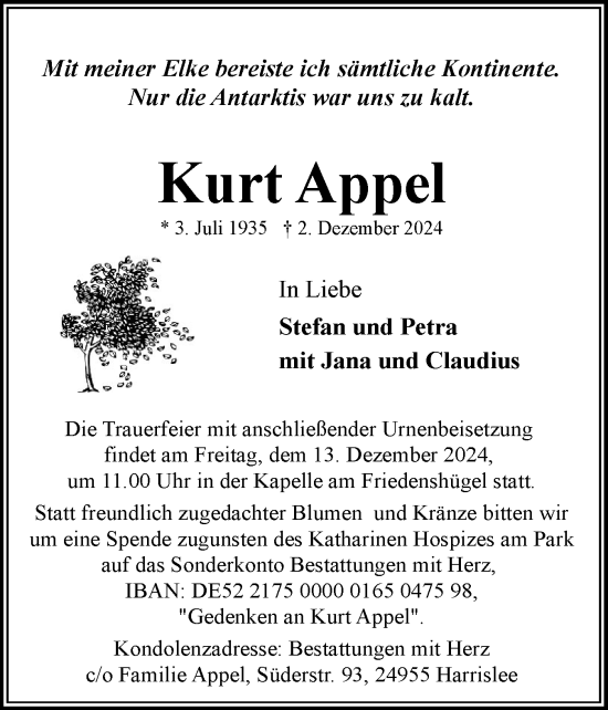 Traueranzeige von Kurt Appel von Flensburger Tageblatt