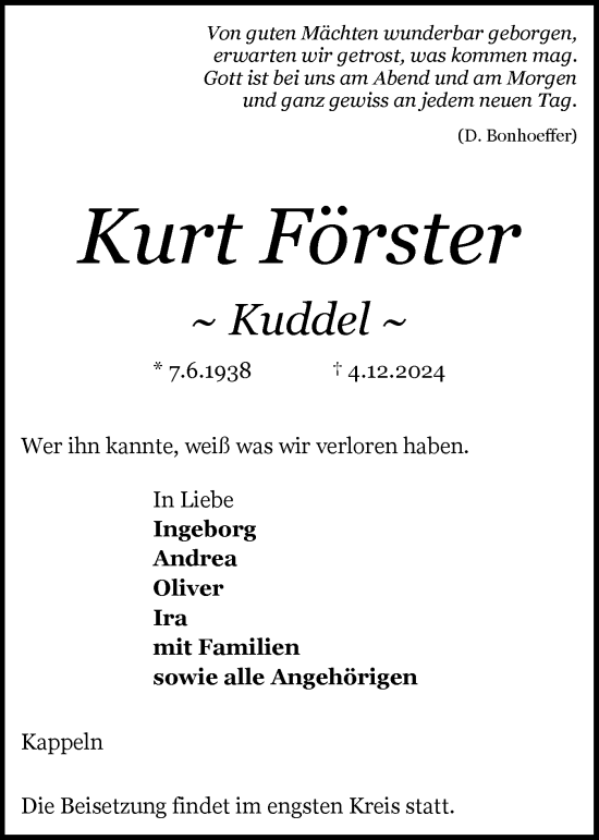 Traueranzeige von Kurt Förster von Schleswiger Nachrichten, Schlei-Bote