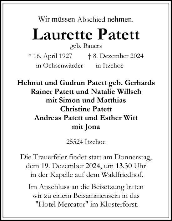 Traueranzeige von Laurette Patett von Norddeutsche Rundschau, Wilstersche Zeitung, Glückstädter Fortuna