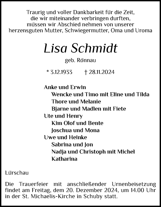 Traueranzeige von Lisa Schmidt von Schleswiger Nachrichten, Schlei-Bote