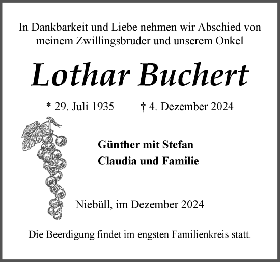 Traueranzeige von Lothar Buchert von Husumer Nachrichten, Nordfriesland Tageblatt