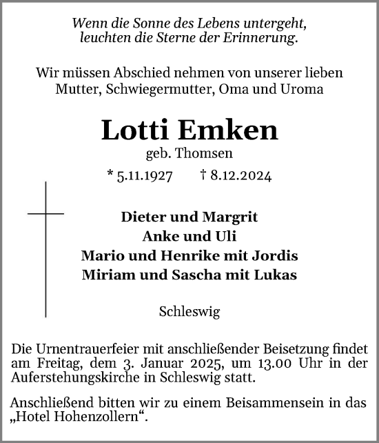 Traueranzeige von Lotti Emken von Schleswiger Nachrichten, Schlei-Bote