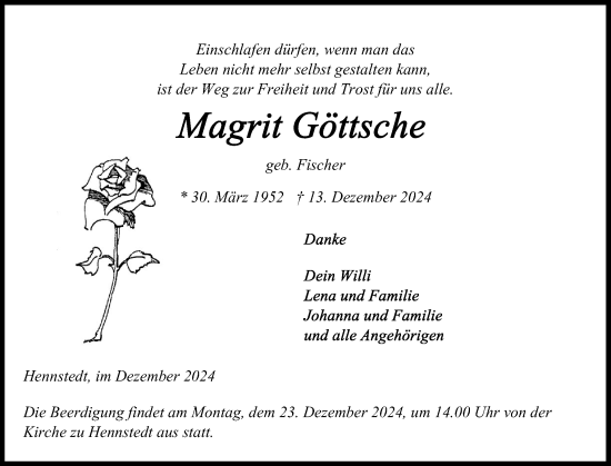 Traueranzeige von Magrit Göttsche von Norddeutsche Rundschau, Wilstersche Zeitung, Glückstädter Fortuna