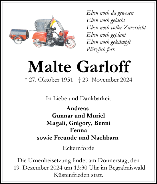Traueranzeige von Malte Garloff von Eckernförder Zeitung, Hallo Eckernförde
