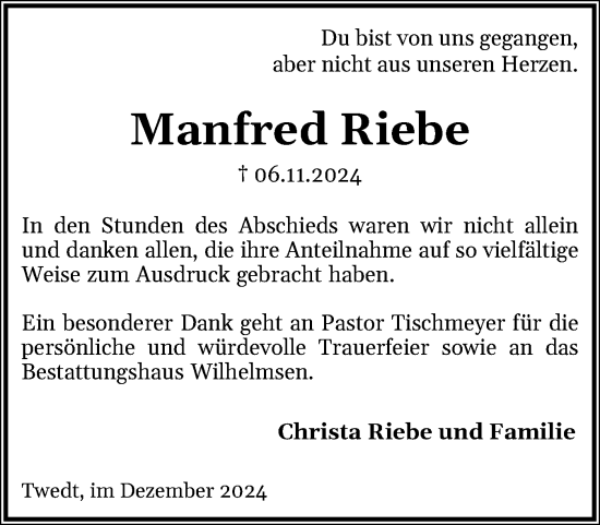 Traueranzeige von Manfred Riebe von Schleswiger Nachrichten, Schlei-Bote