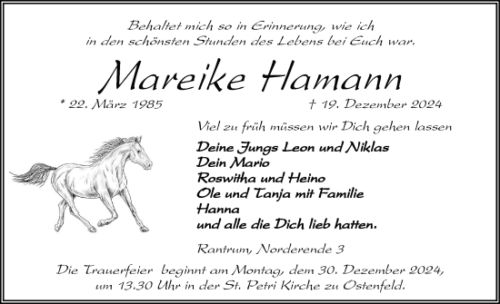 Traueranzeige von Mareike Hamann von Husumer Nachrichten, Nordfriesland Tageblatt
