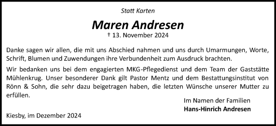 Traueranzeige von Maren Andresen von Flensburger Tageblatt, Schleswiger Nachrichten, Schlei-Bote