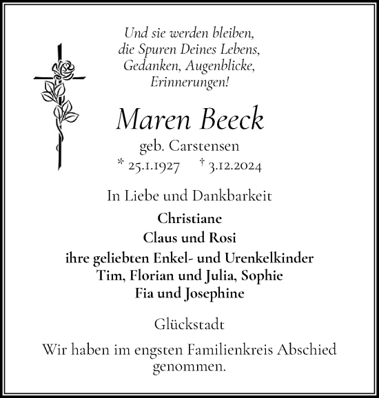 Traueranzeige von Maren Beeck von Norddeutsche Rundschau, Wilstersche Zeitung, Glückstädter Fortuna