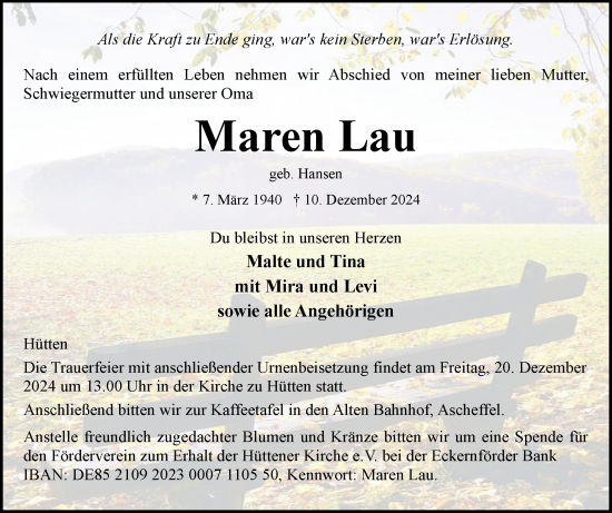 Traueranzeige von Maren Lau von Schleswig-Holsteinische Landeszeitung