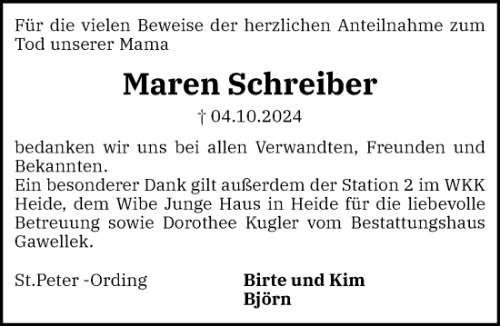 Traueranzeige von Maren Schreiber von Region Westküste