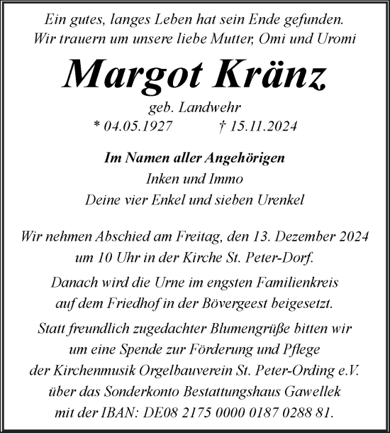 Traueranzeige von Margot Kränz von Husumer Nachrichten, Nordfriesland Tageblatt