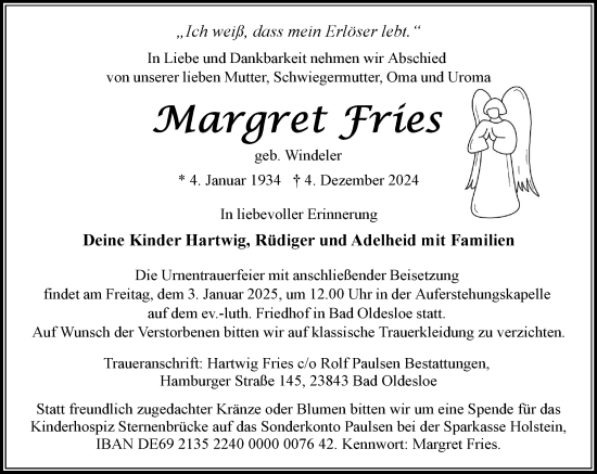 Traueranzeige von Margret Fries von Stormaner Tageblatt