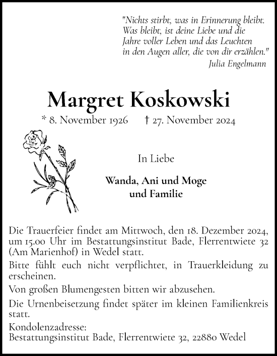Traueranzeige von Margret Koskowski von Wedel-Schulauer Tageblatt, tip Wedel-Schulauer Tageblatt, tip Rissener Rundschau