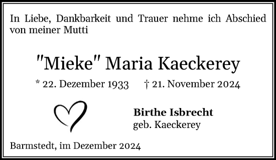 Traueranzeige von Maria Kaeckerey von Region Pinneberg und tip Pinneberg