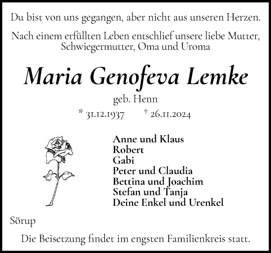 Traueranzeige von Maria Genofeva Lemke von Flensburger Tageblatt