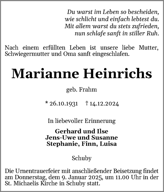 Traueranzeige von Marianne Heinrichs von Schleswiger Nachrichten, Schlei-Bote