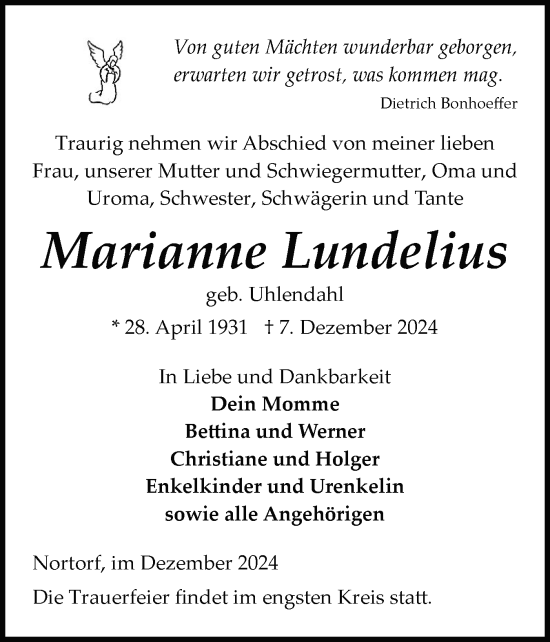 Traueranzeige von Marianne Lundelius von Schleswig-Holsteinische Landeszeitung