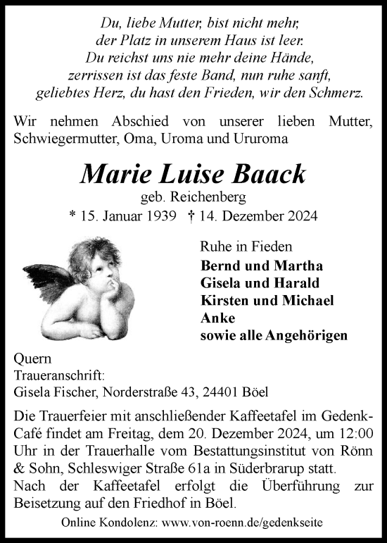 Traueranzeige von Marie Luise Baack von Flensburger Tageblatt, Schleswiger Nachrichten, Schlei-Bote