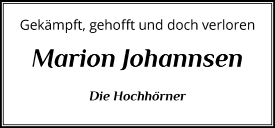 Traueranzeige von Marion Johannsen von Husumer Nachrichten, Nordfriesland Tageblatt