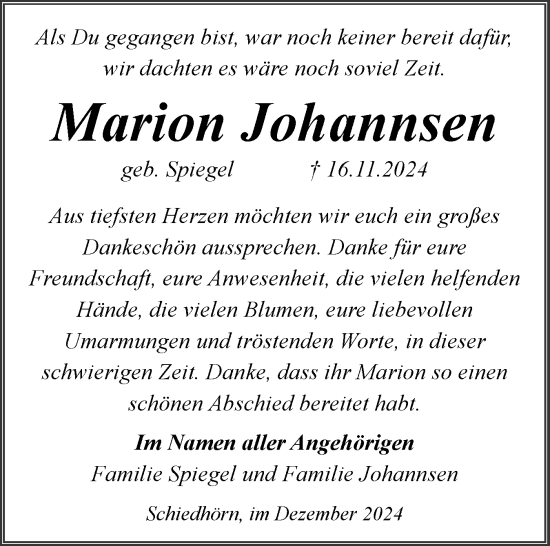 Traueranzeige von Marion Johannsen von Husumer Nachrichten, Nordfriesland Tageblatt